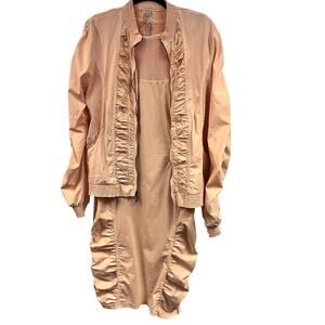 women's XCVI Lg Ruched mesh jersey knit poplin mix t-shirt dress bomber jacket